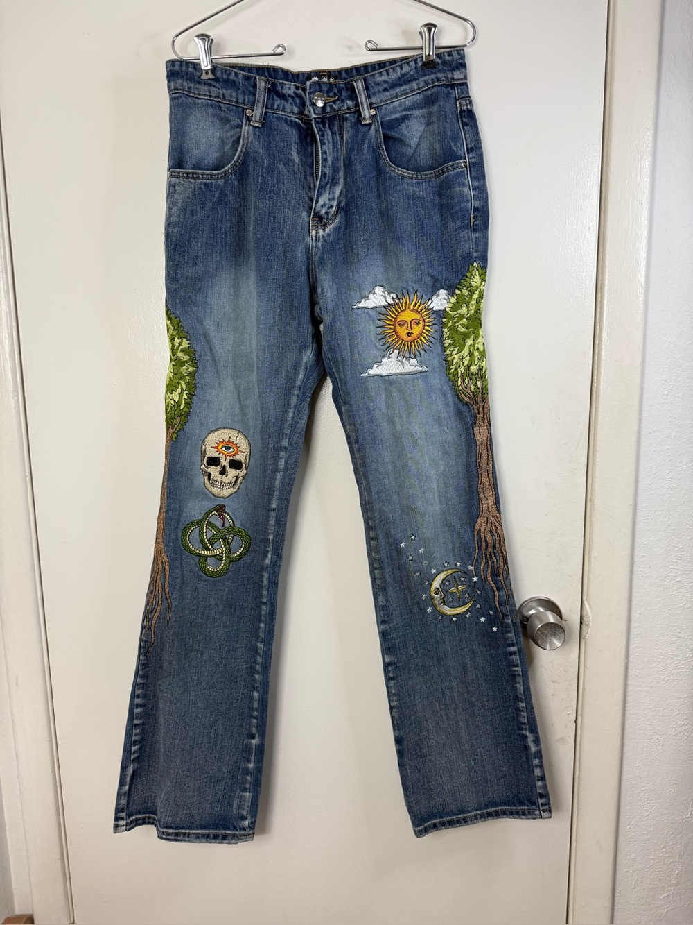 MBM Marcos Alvarado As Above So Below embroidered sun, moon, trees Jeans 30